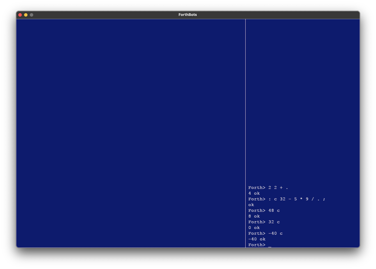 big blue window with two panes, some forth prompts and correct output in the right pane