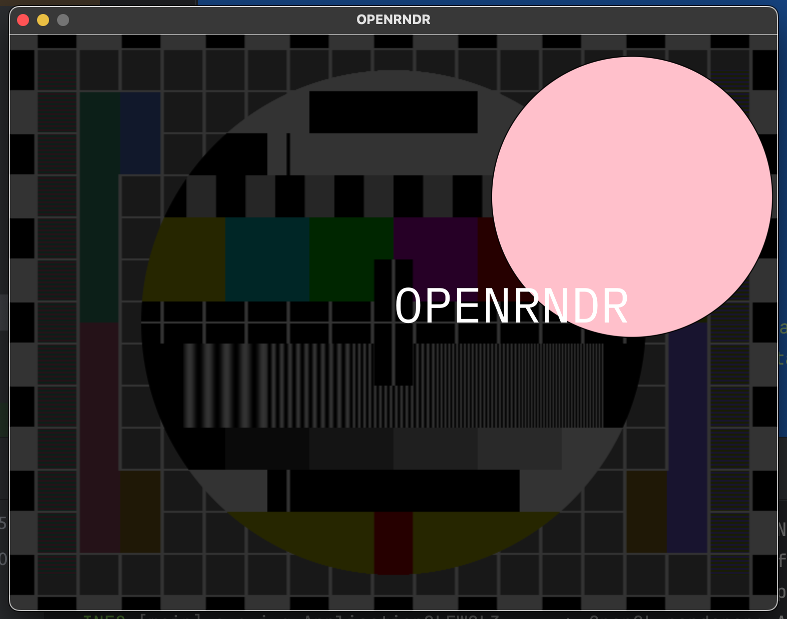 initial screen showing pink ball, text OPENRNDR on blackish background